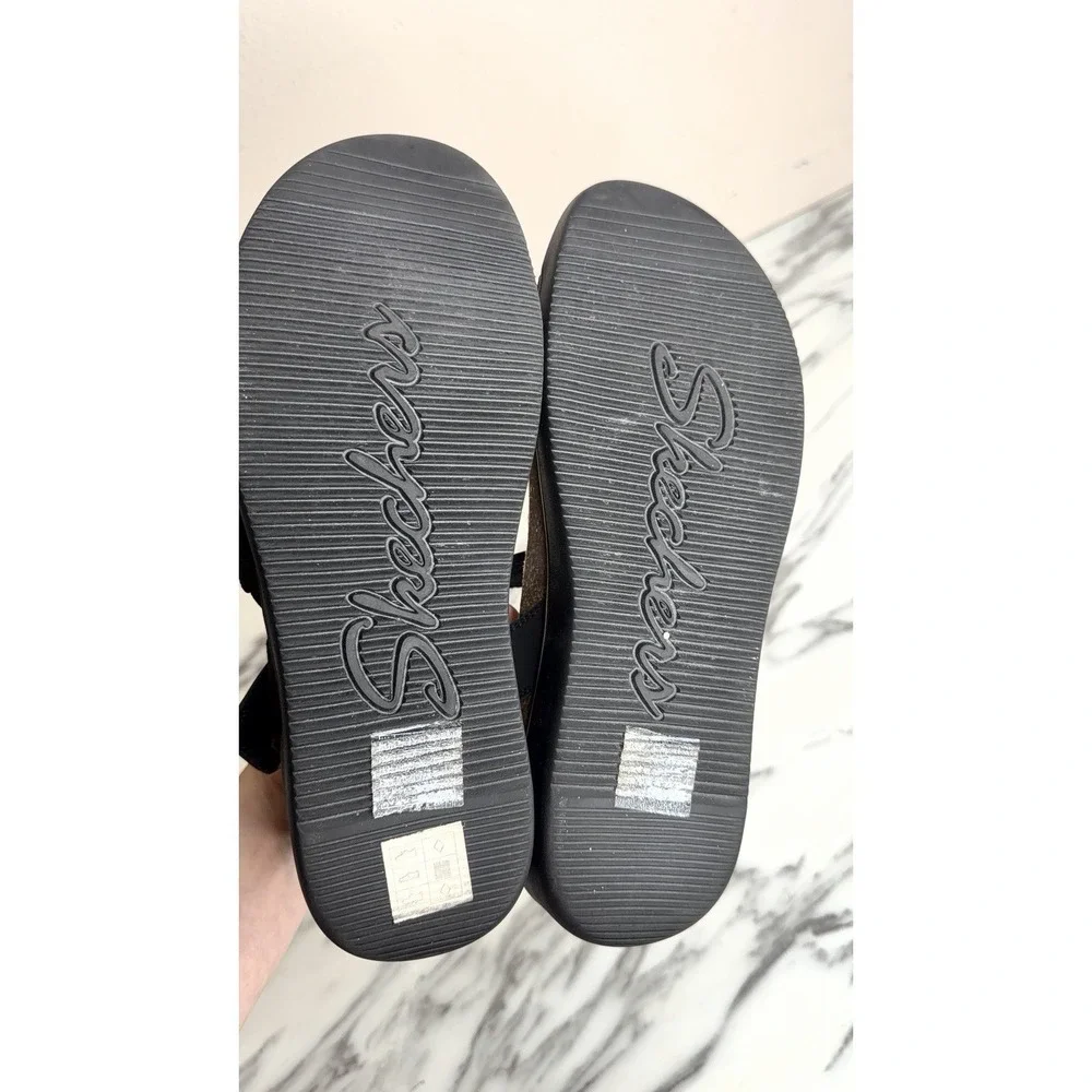 SKECHERS LIFTED COMFORT WOMEN'S SANDALS Strappy Black Cork Memory Foam SZ 10